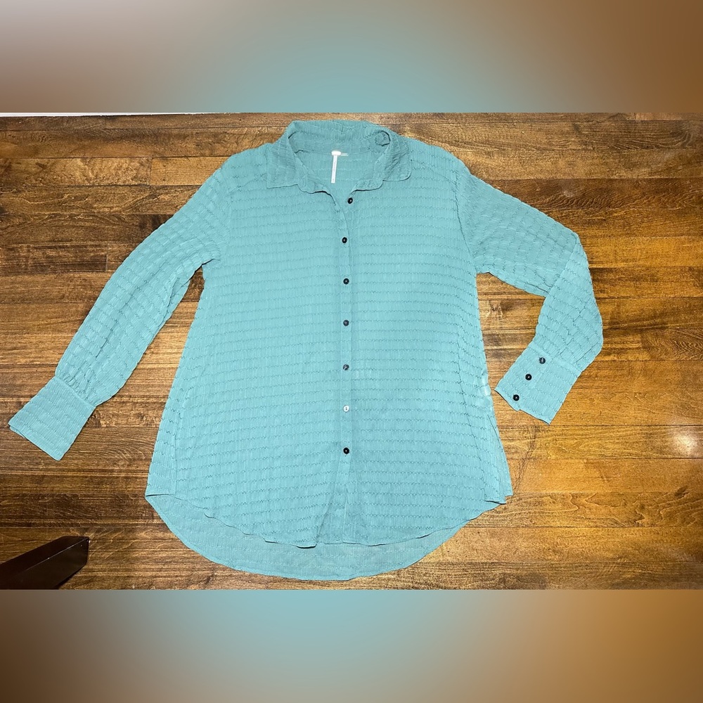 Free People Womens Collar Long Sleeve Button Sheer Top Tunic Shirt Green Size XS